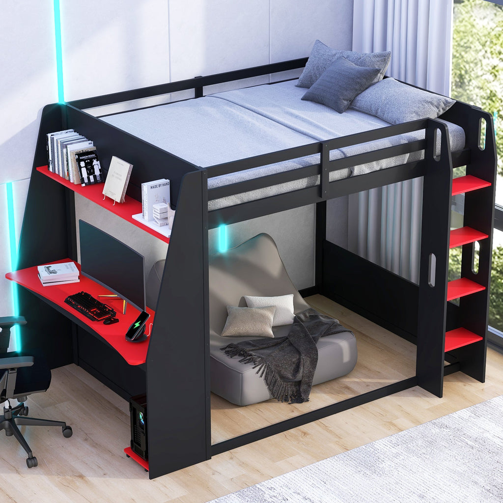 Full Size Wooden Gaming Bunk Bed with Desk and Storage
