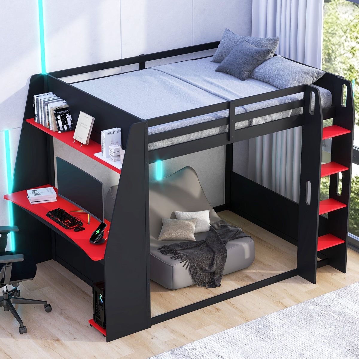 Full Size Wooden Gaming Bunk Bed with Desk and Storage