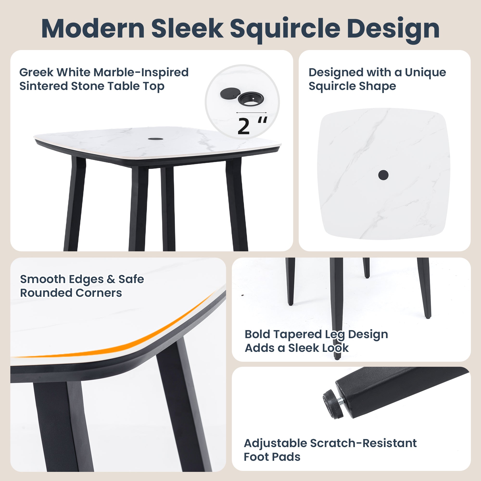 Modern 5PC Outdoor Patio Bar Set, Rounded Square 35.4'' Sintered Stone Table & 4 Aluminum Bar Stools