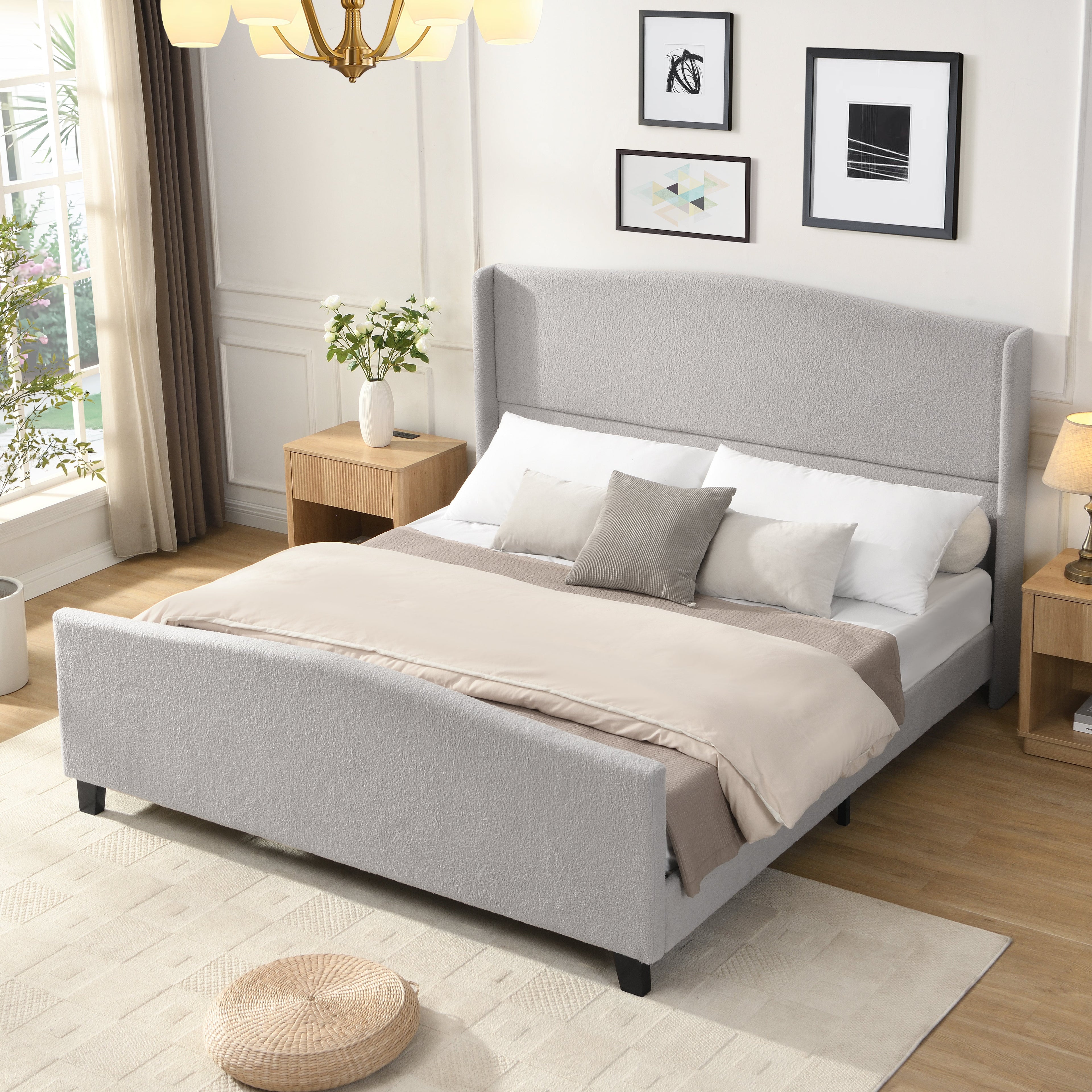King Size Bed Frame with High Back Upholstered Headboard