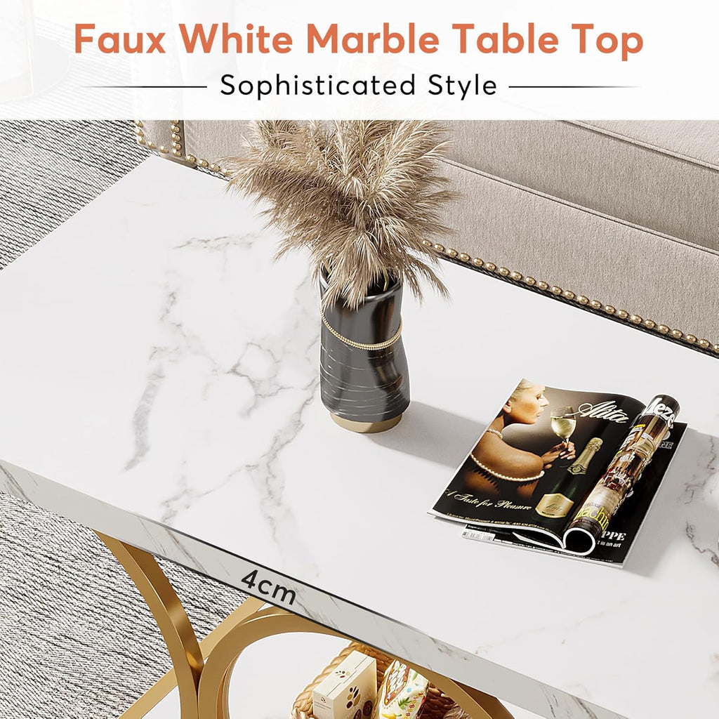 47.24-Inch Modern Rectangle Coffee Table in White & Gold