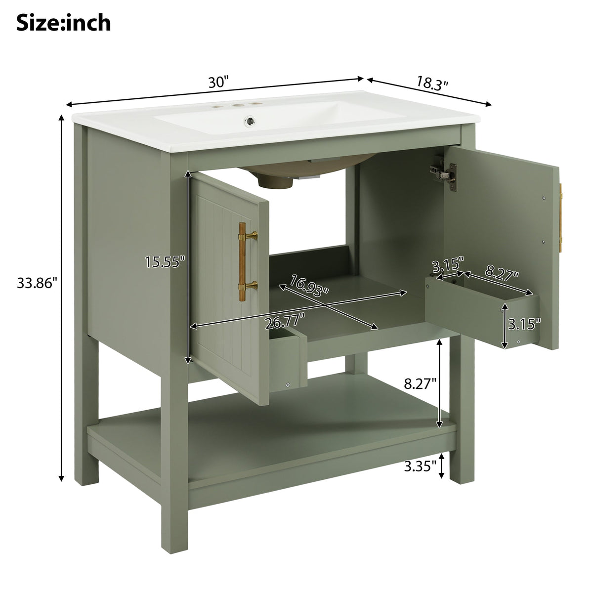 30-Inch Green Bathroom Vanity with Ceramic Sink