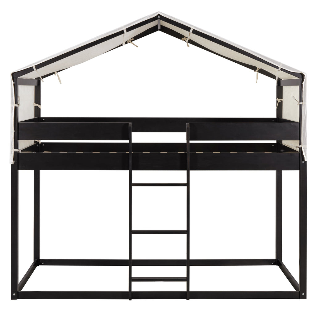 Twin Over Twin Wood Bunk Bed with Tent in Espresso
