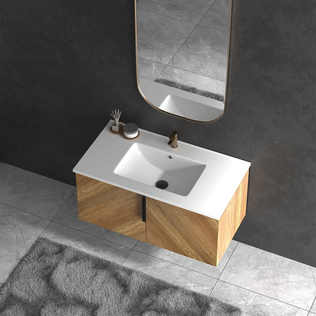 36 Inch Wall-Mounted Bathroom Vanity with 3D Fluted Panel