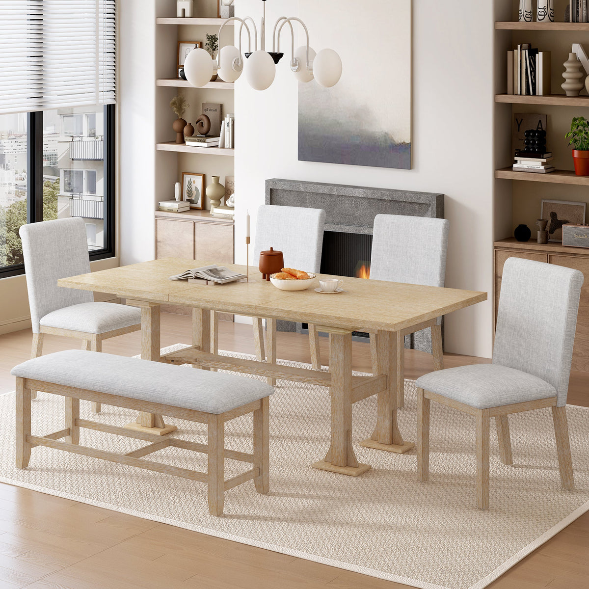 TOPMAX Farmhouse 76-Inch 6-Piece Extendable Dining Table Set