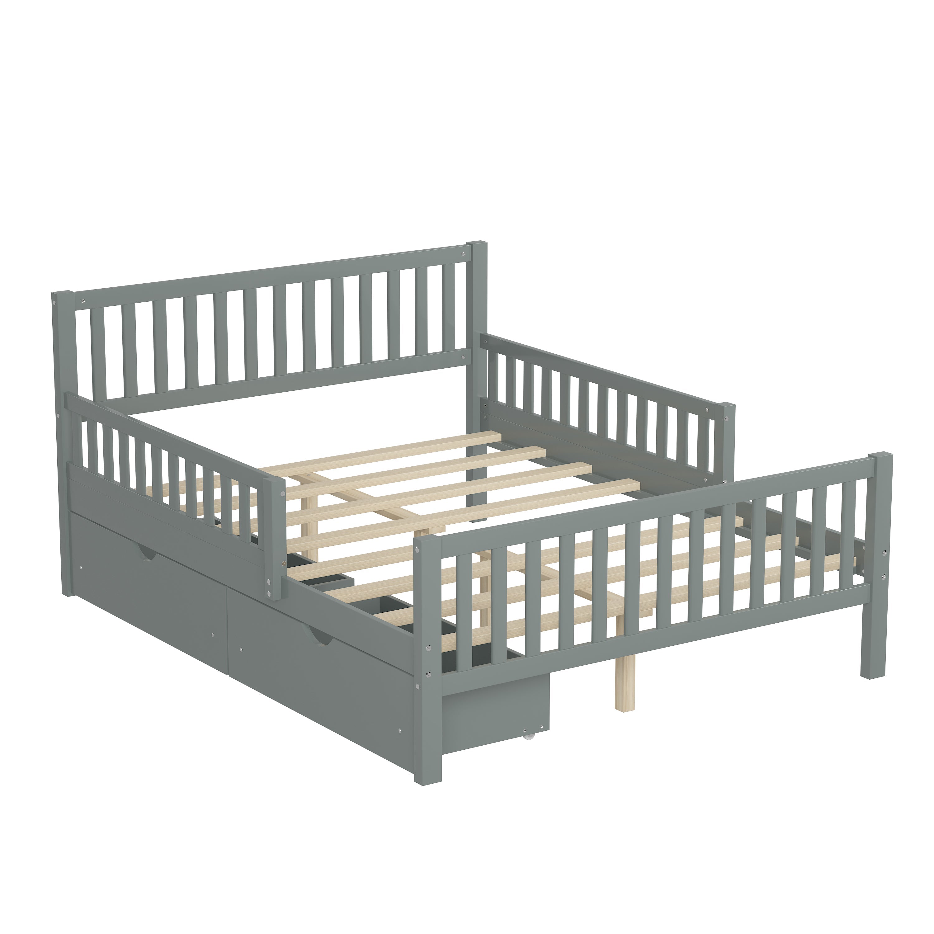 Full Size Wood Platform Bed with Guardrails on Both Sides and Two Storage Drawers