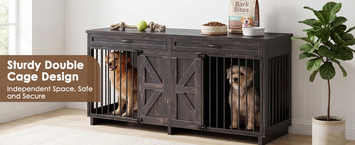 Dog Crate Furniture TV Stand - 2-in-1 Wooden Dog Kennel with Storage