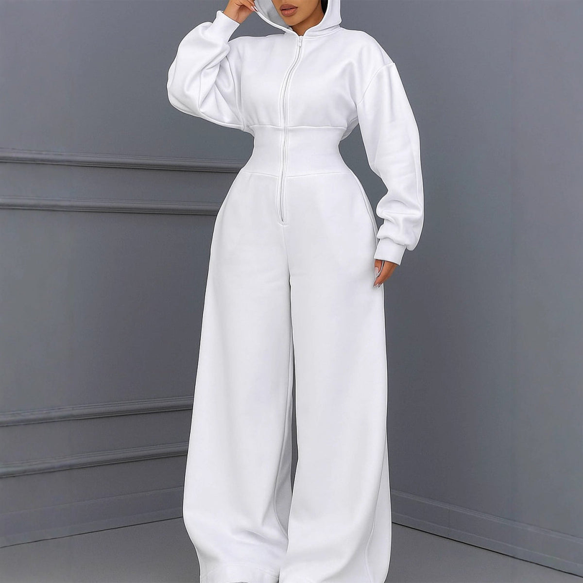 Hooded Zip-up Stretch-waist Jumpsuit
