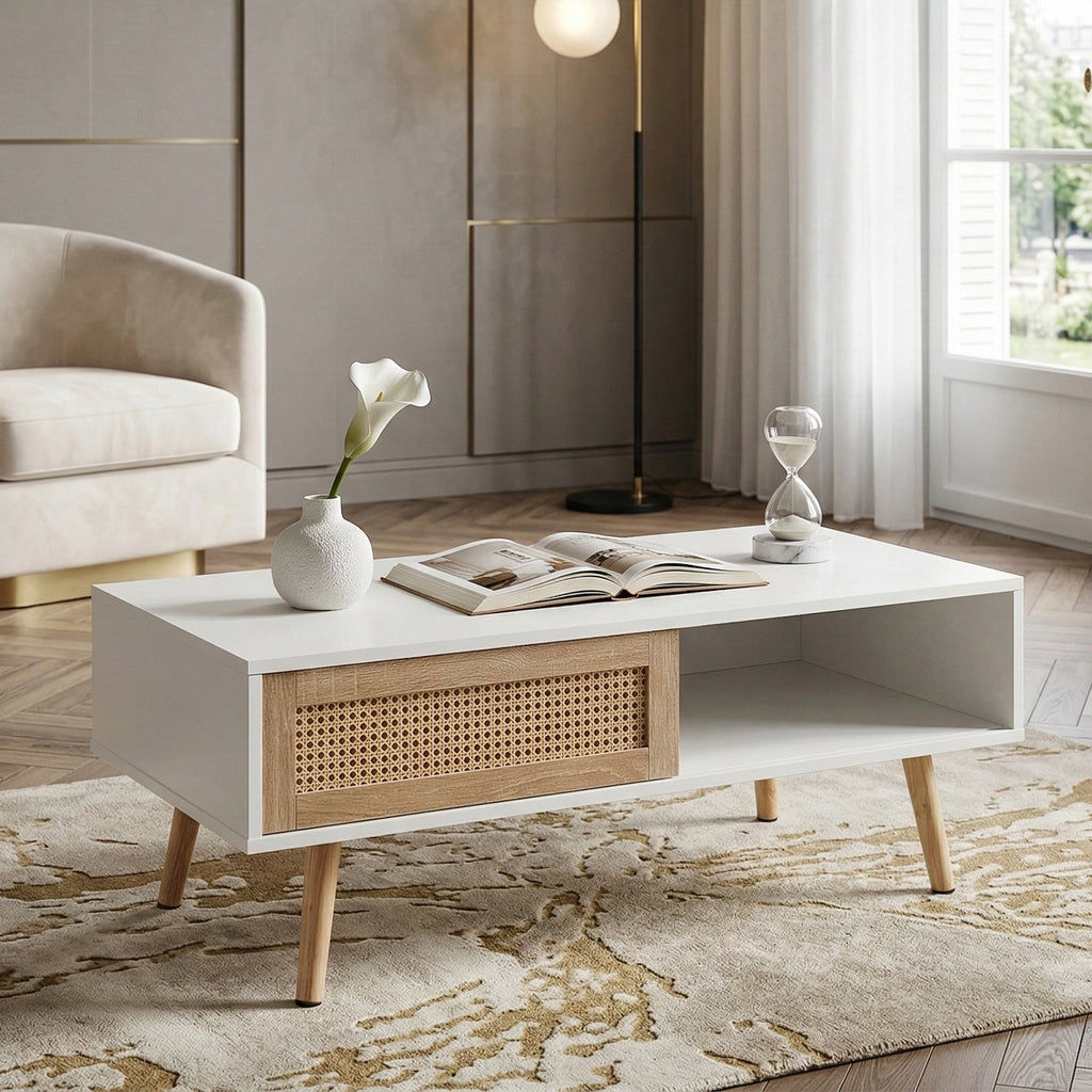 41.34" Rattan Coffee Table with Sliding Door Storage