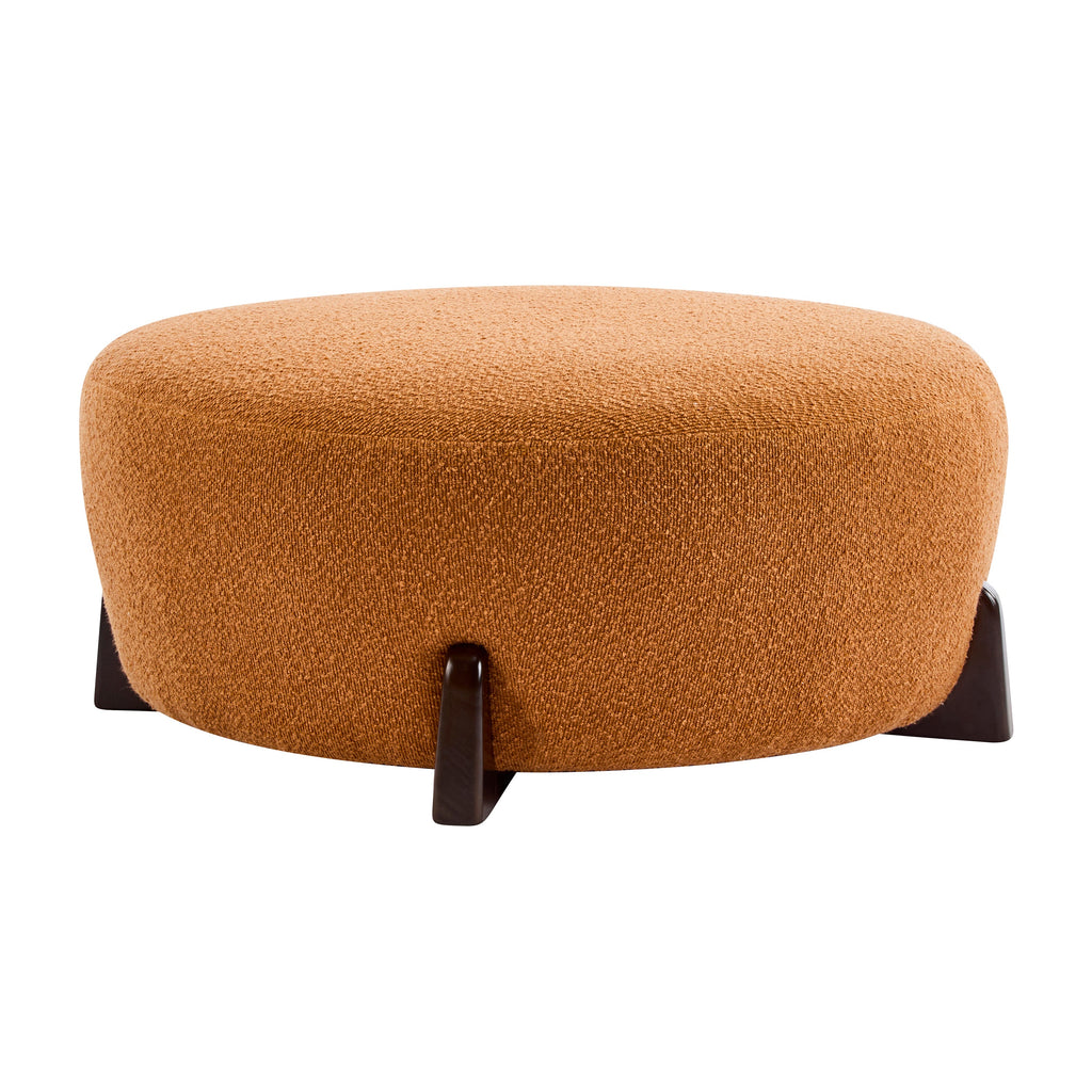 Modish Round Ottoman: Boucle Top with Splayed Rubber Wood Legs, Pumpkin