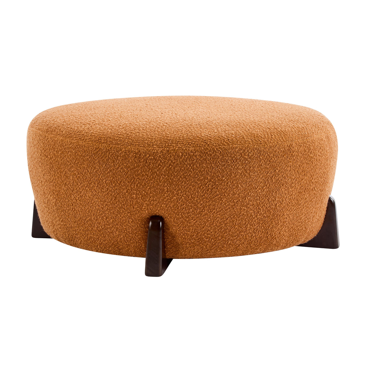 Modish Round Ottoman: Boucle Top with Splayed Rubber Wood Legs, Pumpkin