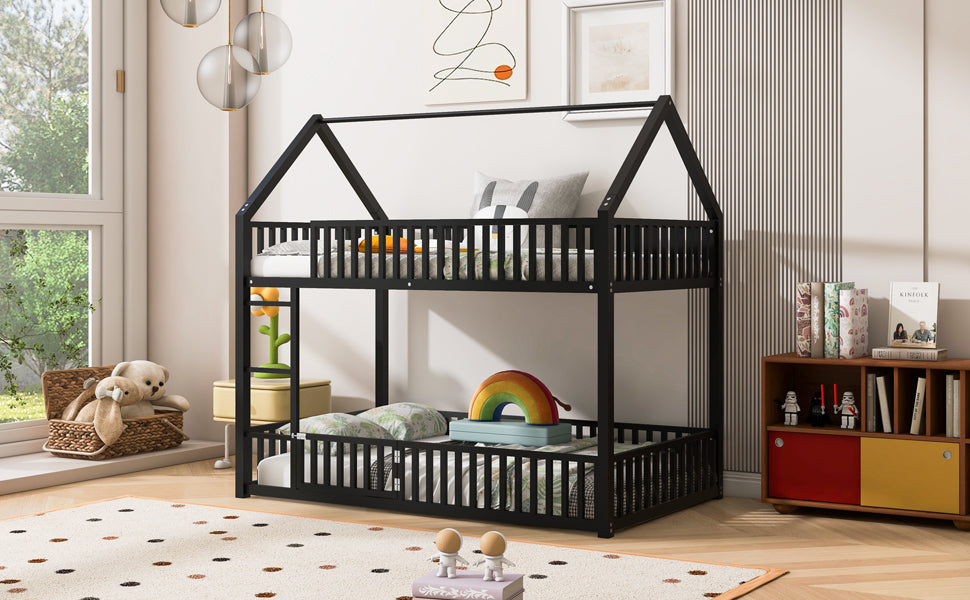 Metal Twin Over Twin House Bunk Bed With Fence And Door