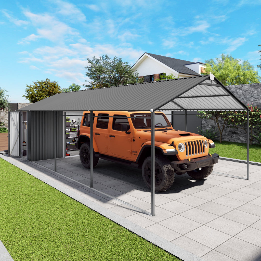 12x25 FT Galvanized Steel Carport with Car Shelter & Storage Shed
