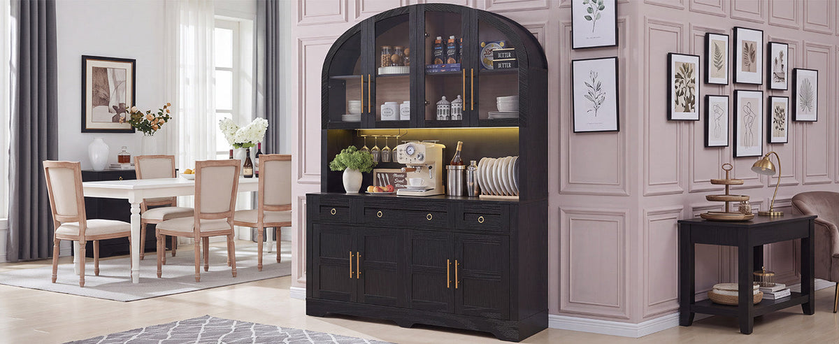 K&K 75.8" Tall Arched Kitchen Pantry Cabinet with LED & Charging Station