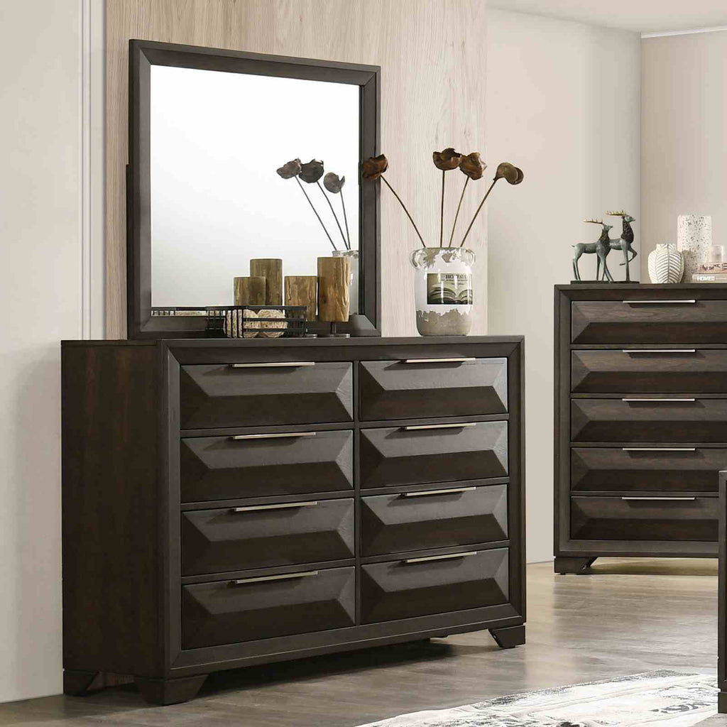 Transitional Dresser With Mirror Beveled Bracket Feet Metal Handles