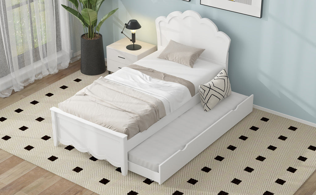 Twin Size Wood Platform Bed with Headboard and Twin Size Trundle
