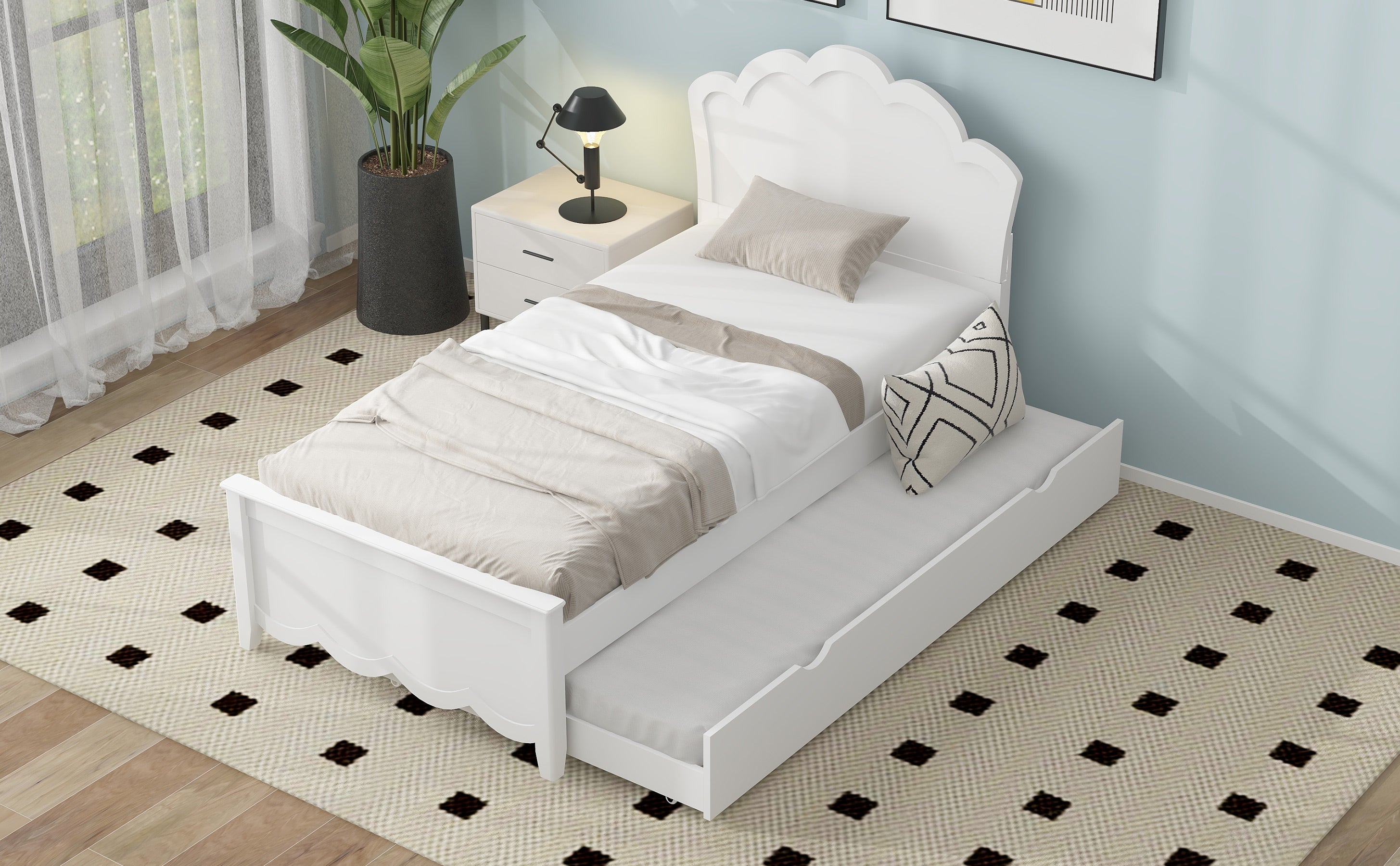 Twin Size Wood Platform Bed with Headboard and Twin Size Trundle