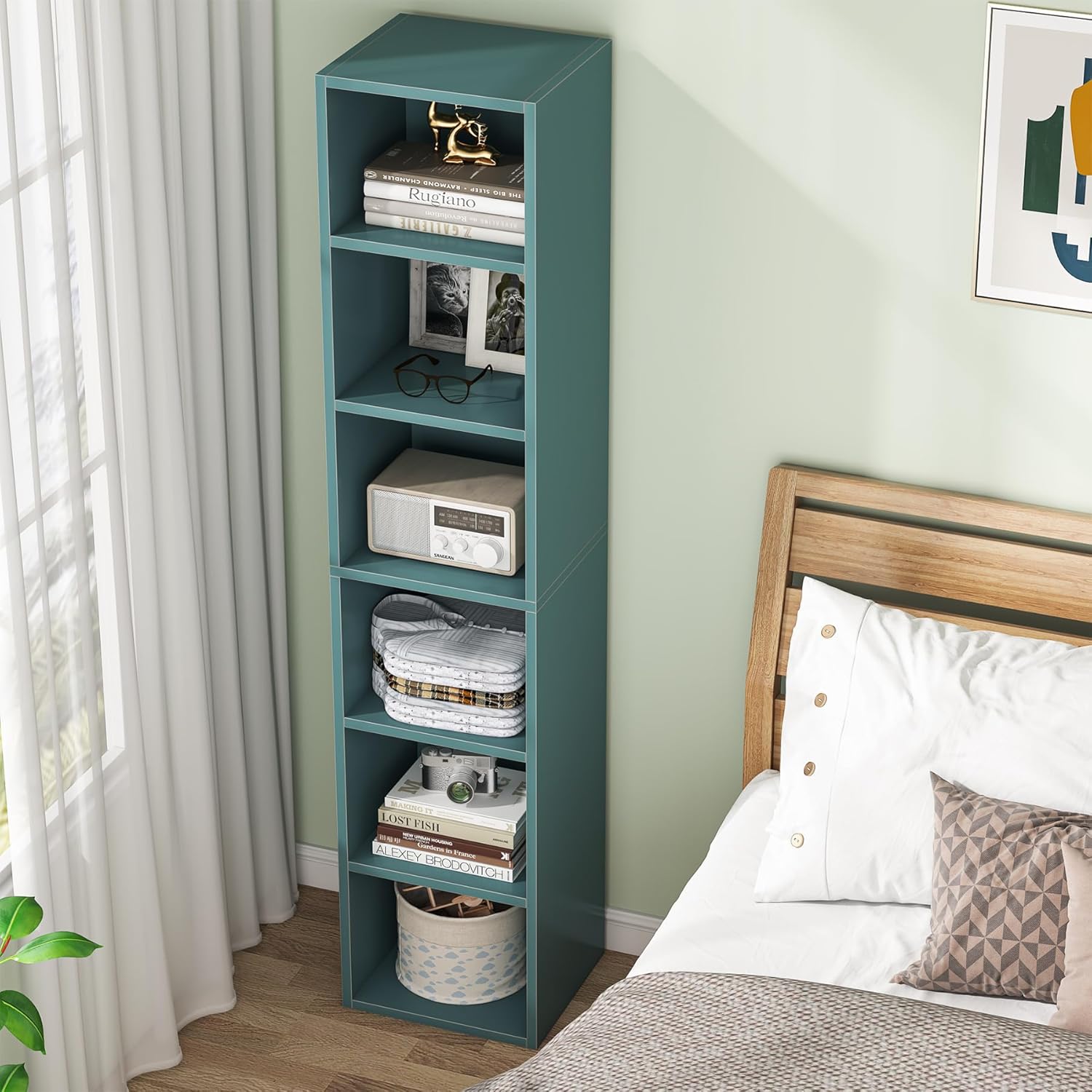 70.9" Blue 6-Tier Narrow Corner Cube Bookcase
