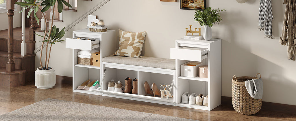 TREXM All-in-One Entryway Storage Bench with Cushion, Compartments & Drawers
