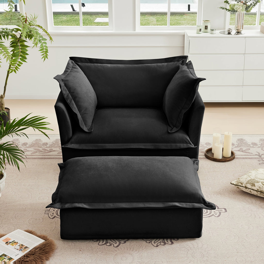 Upholstered Slipcovered Armchair with Ottoman - Set of 2