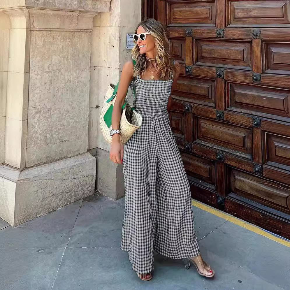 Cross-Border Independent Station Amazon 2022 Summer Elegant Women's Pants Plaid Jumpsuit Mid-Waist Casual Pants