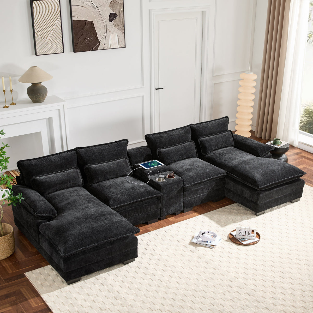 Modern U-Shaped Sectional Sofa with Console, Cup Holders and USB Charger