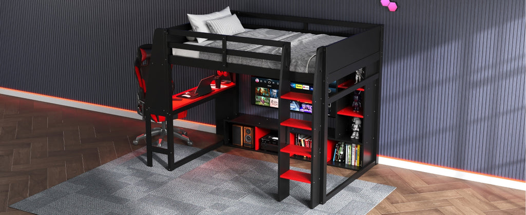 Wood Twin Size Gaming Loft Bed with Desk, Multi-storage Shelves, LED and a Hanging Clothes Rack