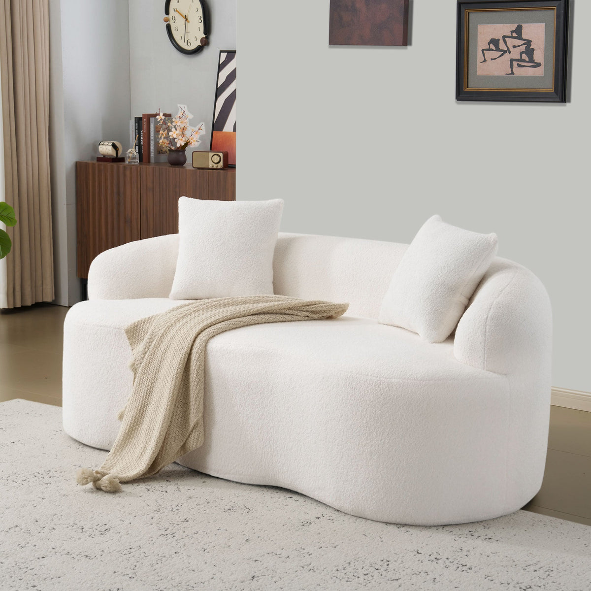 White Curved Loveseat Sofa with Round Armrest
