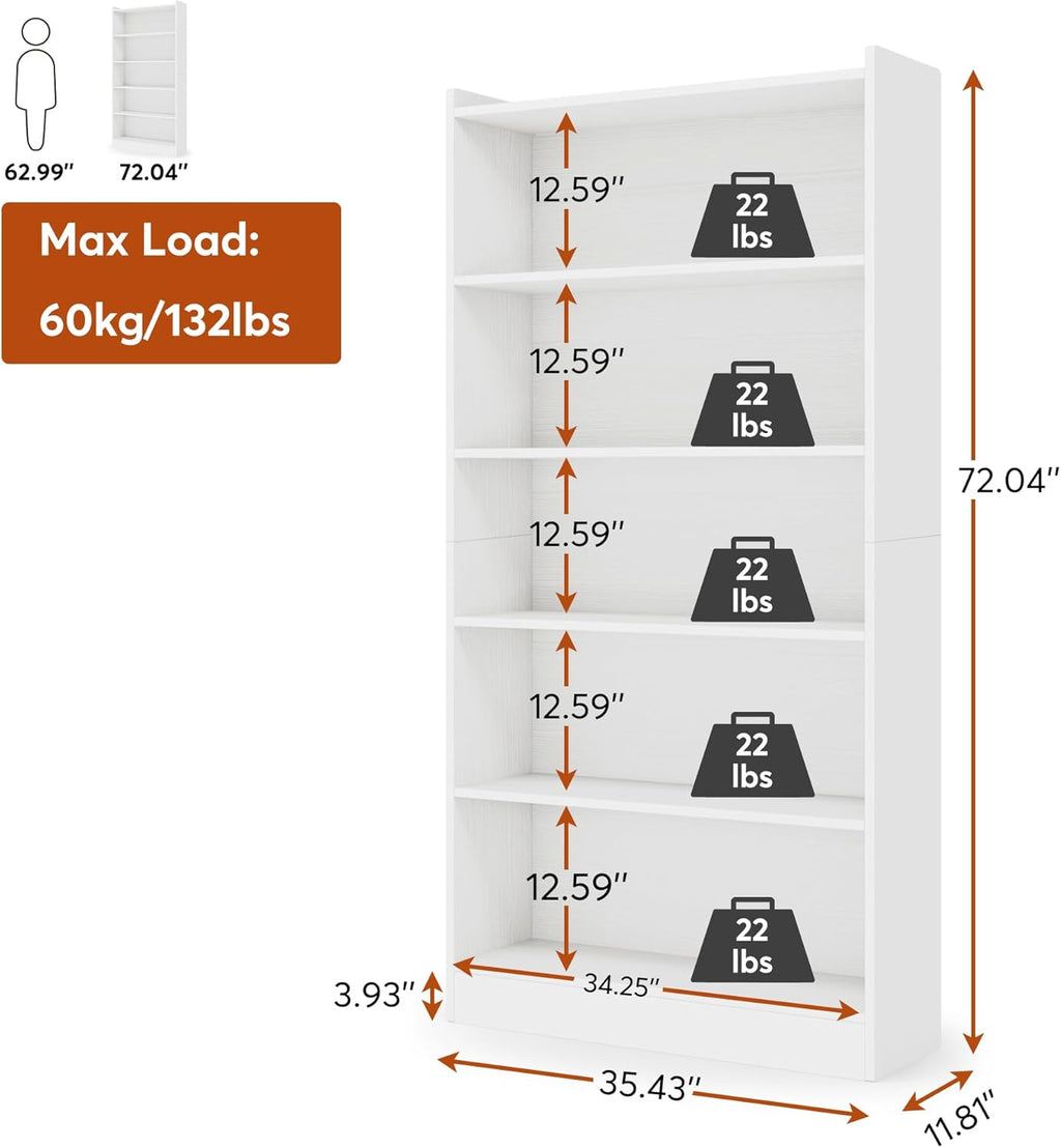 70.87" 6-Tier Modern White Library Bookshelf