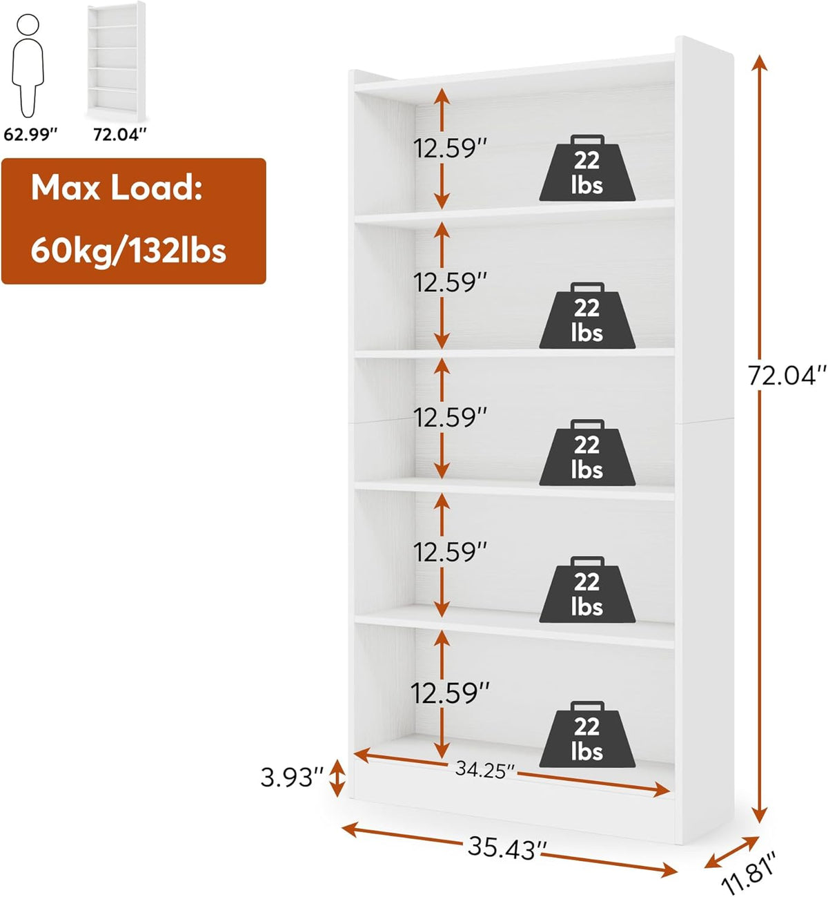 70.87" 6-Tier Modern White Library Bookshelf
