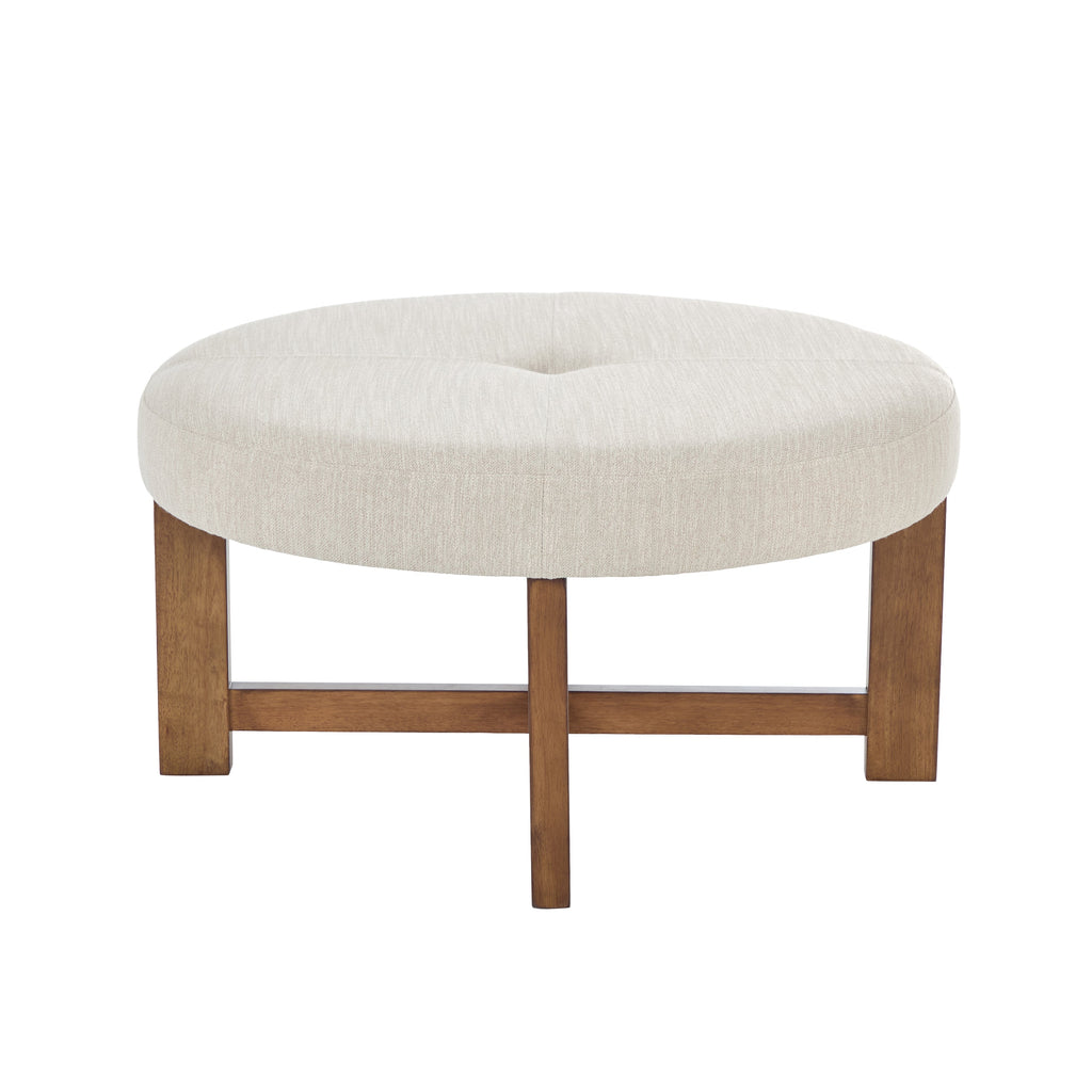 Beige Fabric Round Ottoman with Solid Wood Cross Base