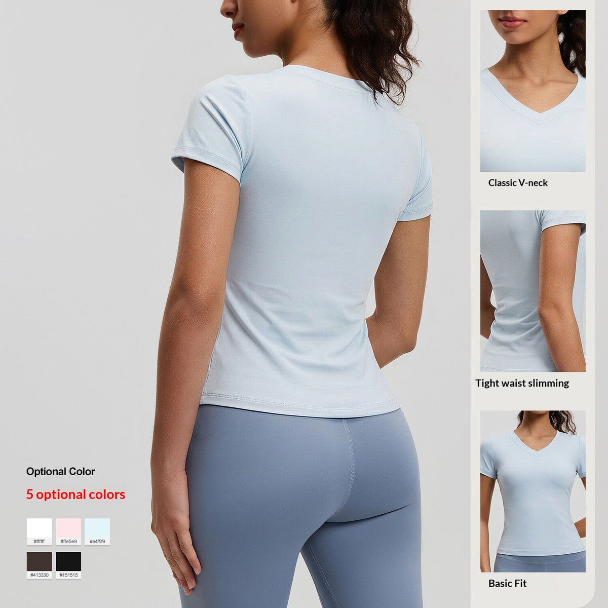 Peach Basic V-neck Short Sleeve Sports Top, Breathable Slim-fit Yoga Shirt For Fitness And Running