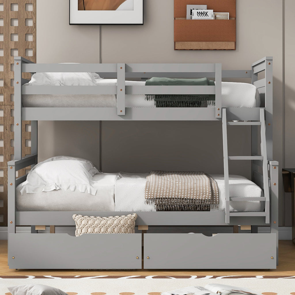 Twin Over Full Bunk Bed with Ladder, Two Storage Drawers, Safety Guardrail