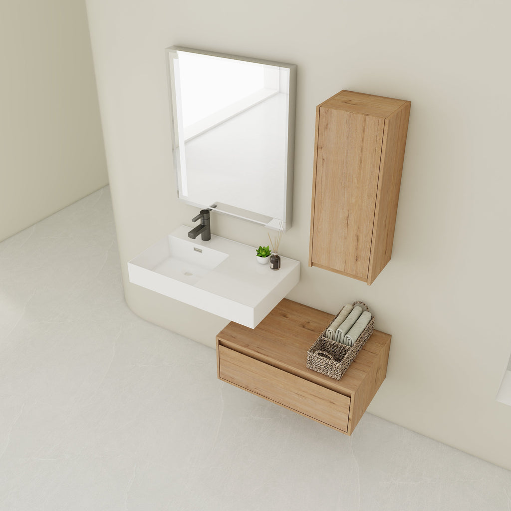 30 Inch Wall-Mounted Bathroom Vanity with Resin Sink and Side Cabinet