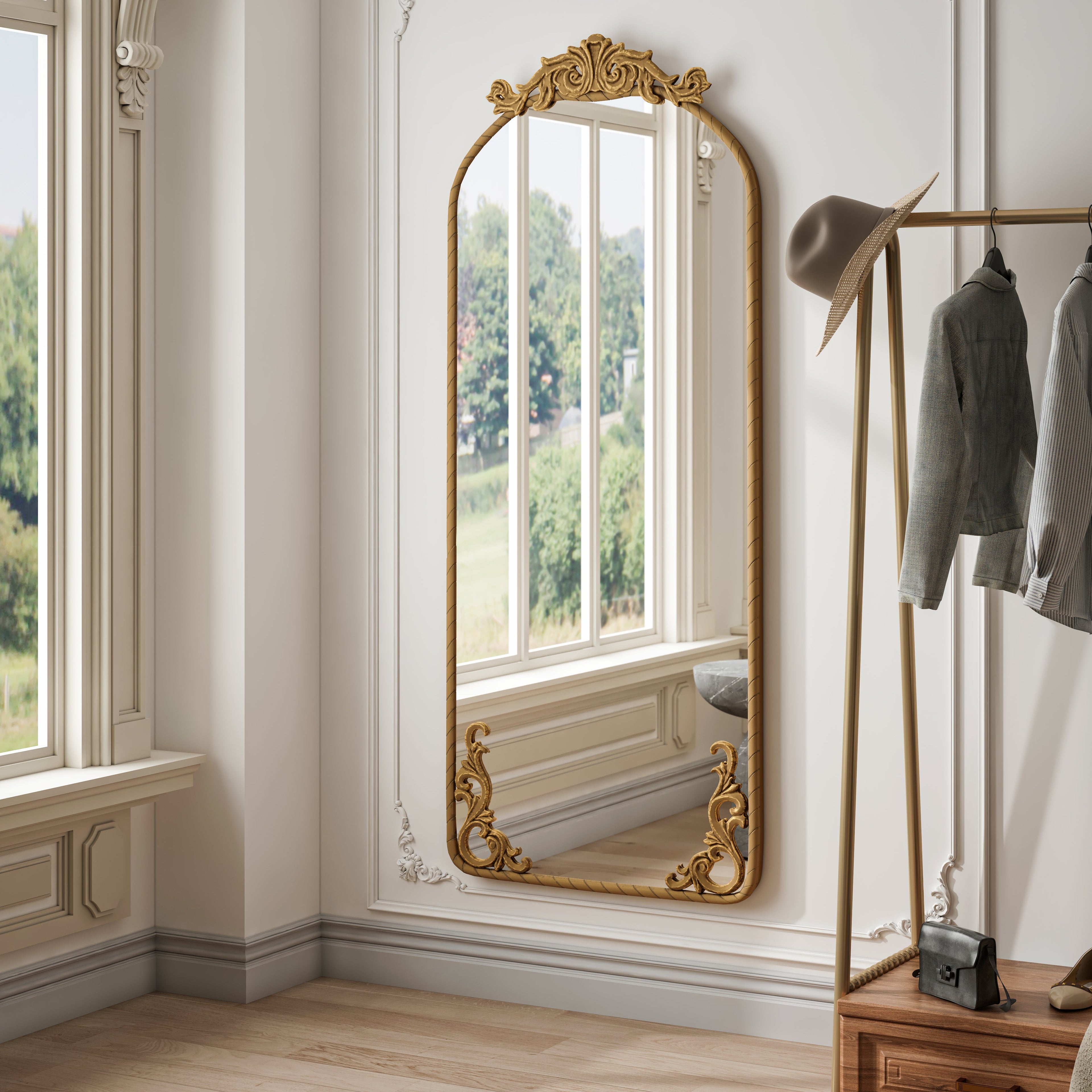 58"x24" Arched Full Body Mirror with Vintage Ornate Carved Applique