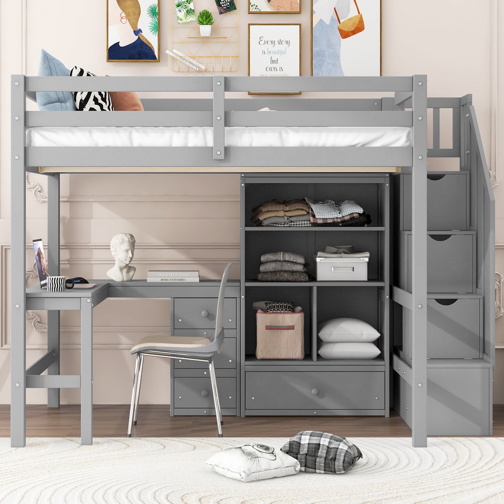 Full Size Loft Bed with L-Shaped Desk and Drawers