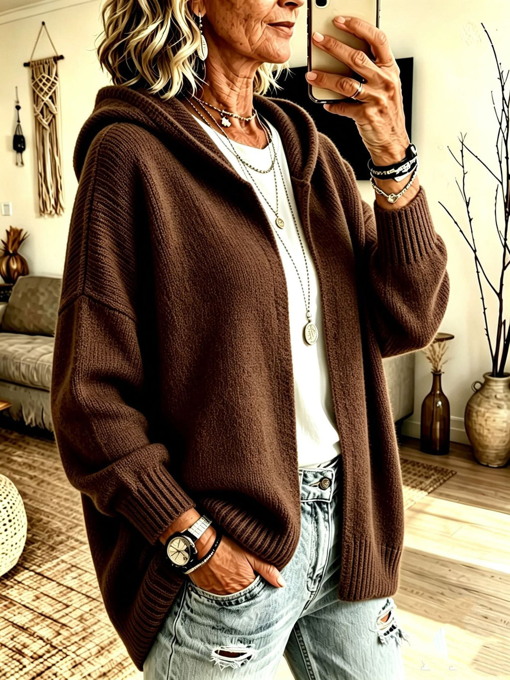 New Fallwinter Long-sleeve Hooded Knitted Cardigan Sweater Jacket For Women