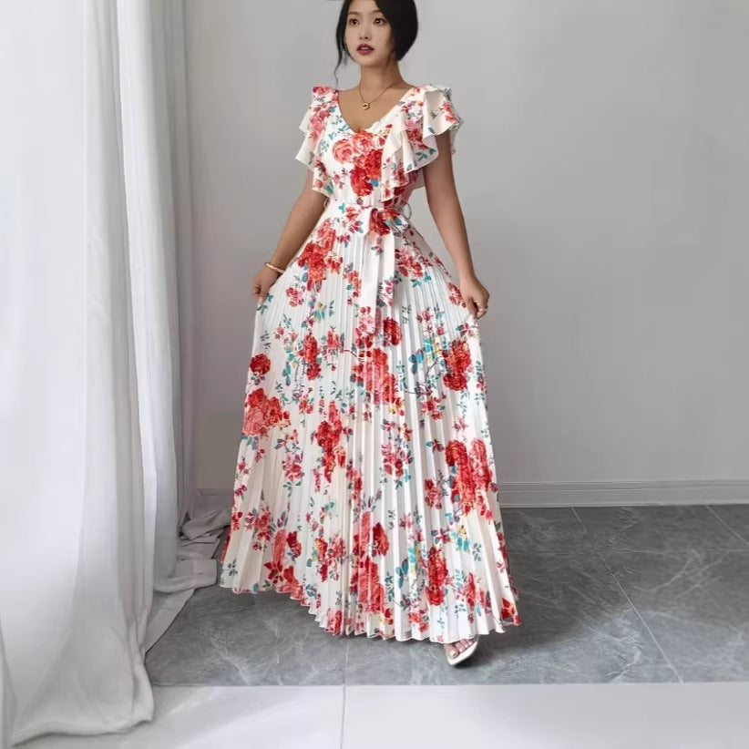 Women's V-neck Printed Ruffle A-line Dress