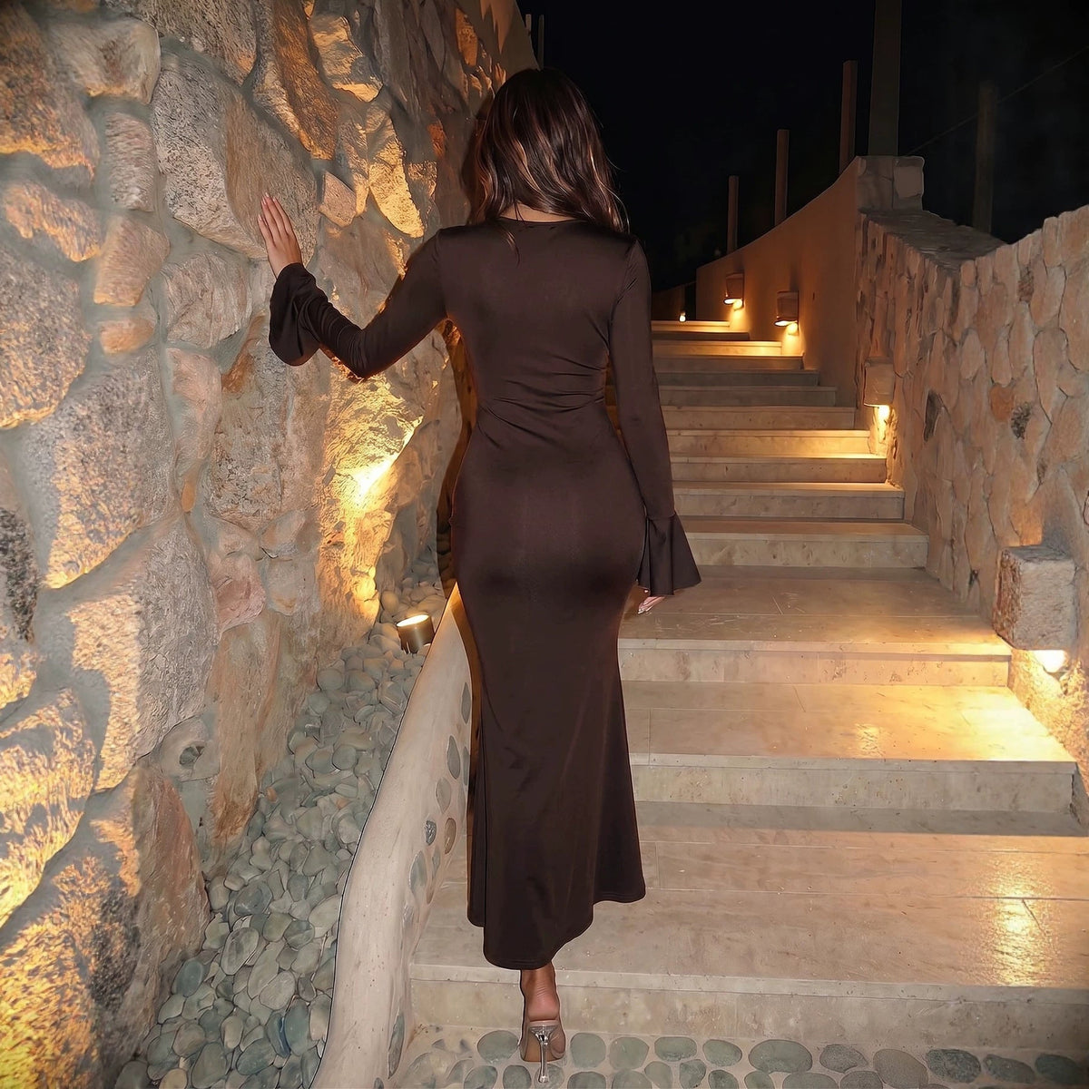 Women's V-neck Flared Long-sleeve Dress