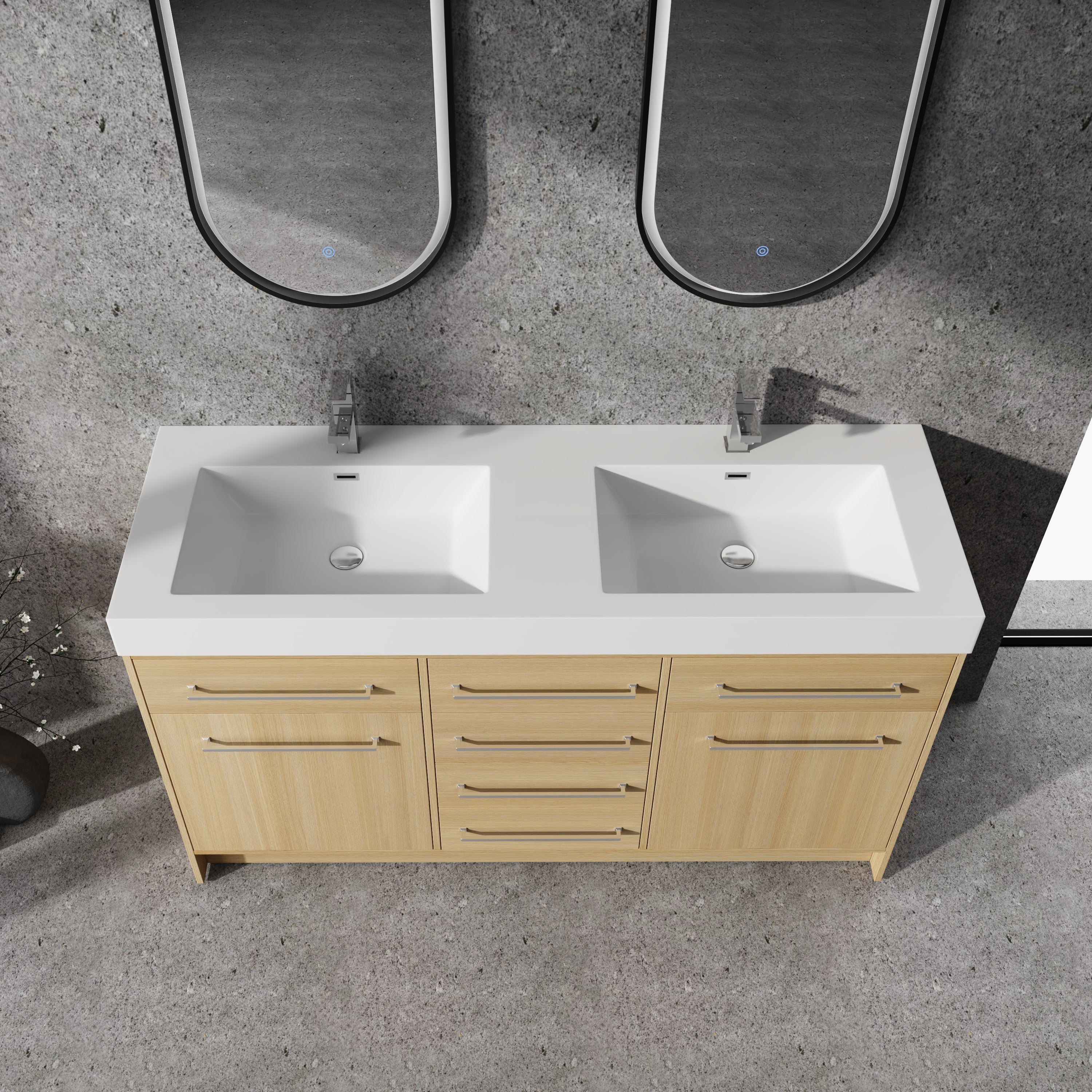 60" Freestanding Bathroom Vanity with Double Resin Sink