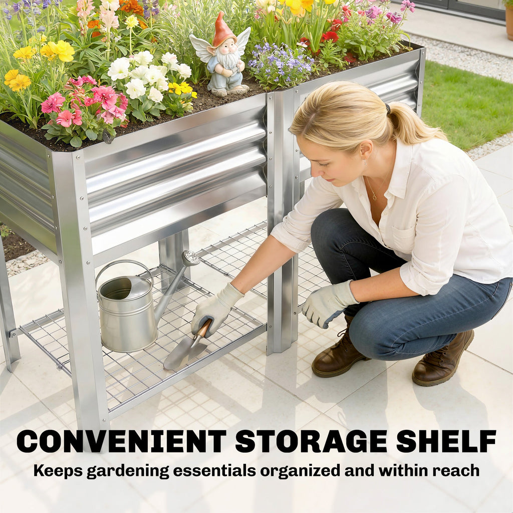 Outsunny Galvanized Steel Raised Garden Bed with Storage Shelf