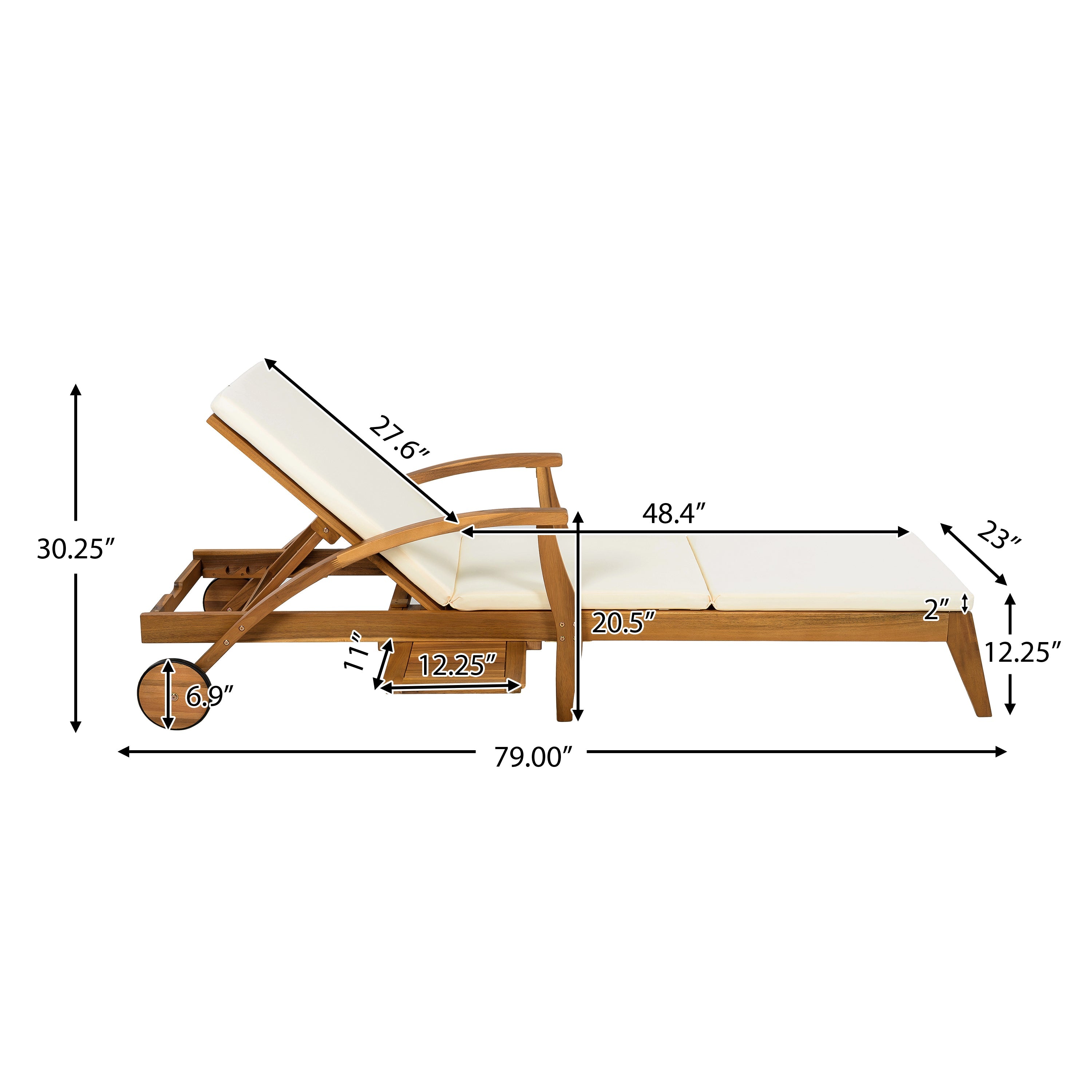 Chaise Lounge With Wheel - Acacia Wood Recliner for Patio