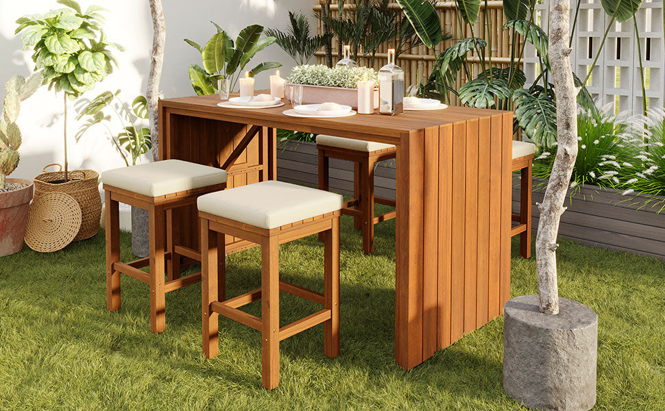 5 Piece Outdoor Bar Set, Patio Acacia Wood Bar Height Table & Stools