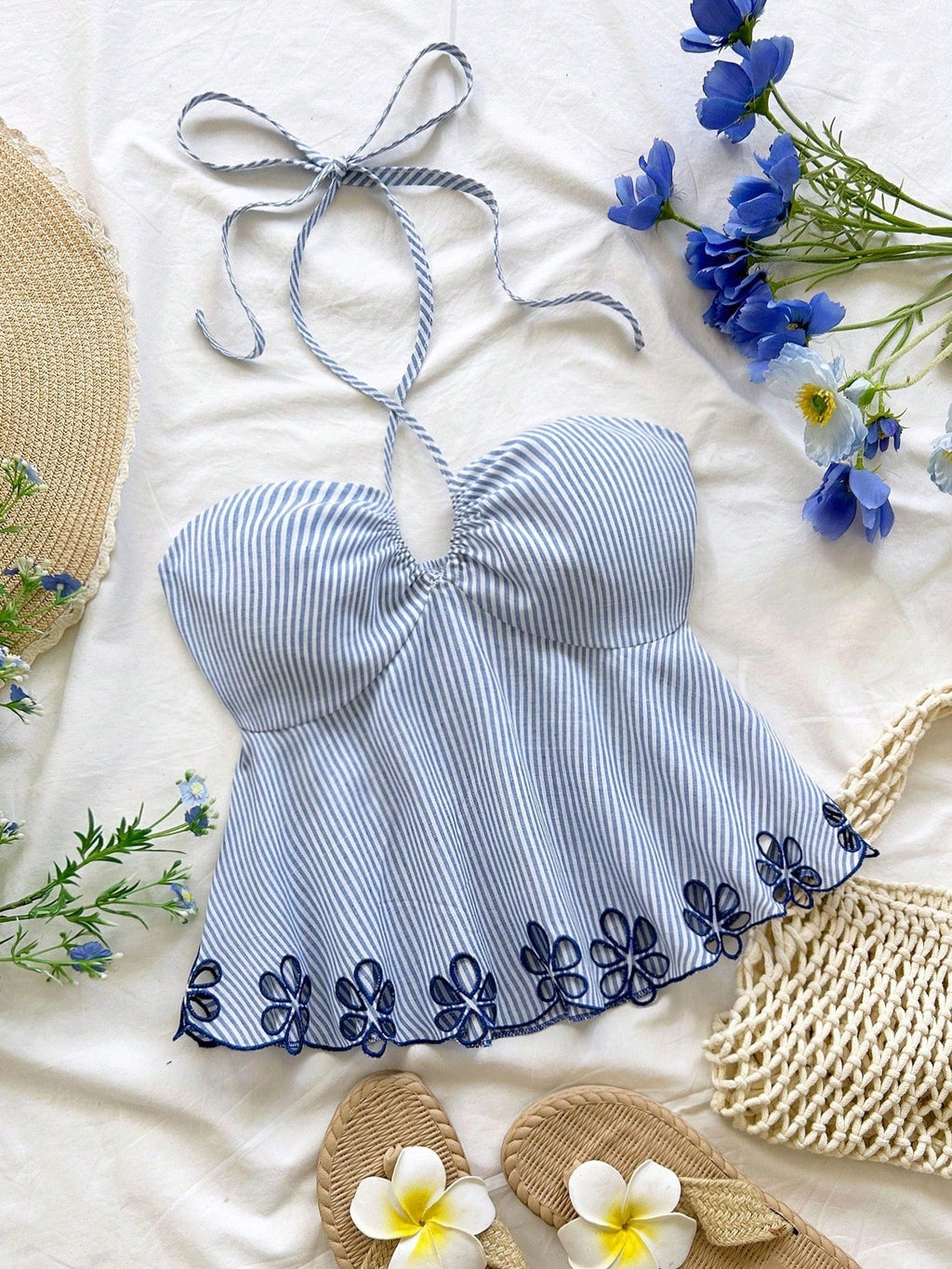 One-shoulder Strap Backless Striped Tie-top