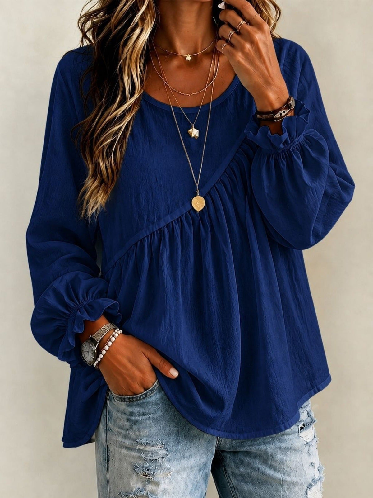 2026 New Cross-Border European And American Style Women's Solid Color Round Neck Long Sleeve Ruched Shirt Top, Casual Versatile Loose Fit