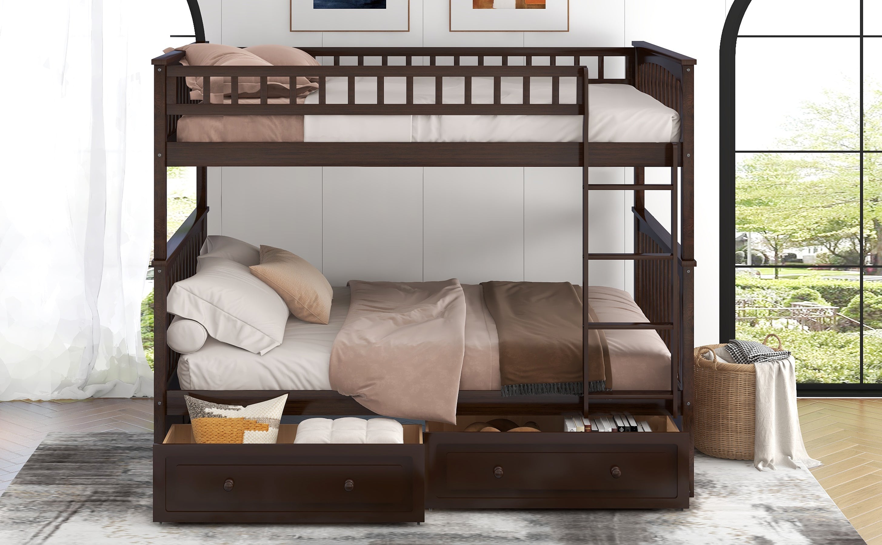 Full Over Full Bunk Bed with Drawers, Convertible Beds