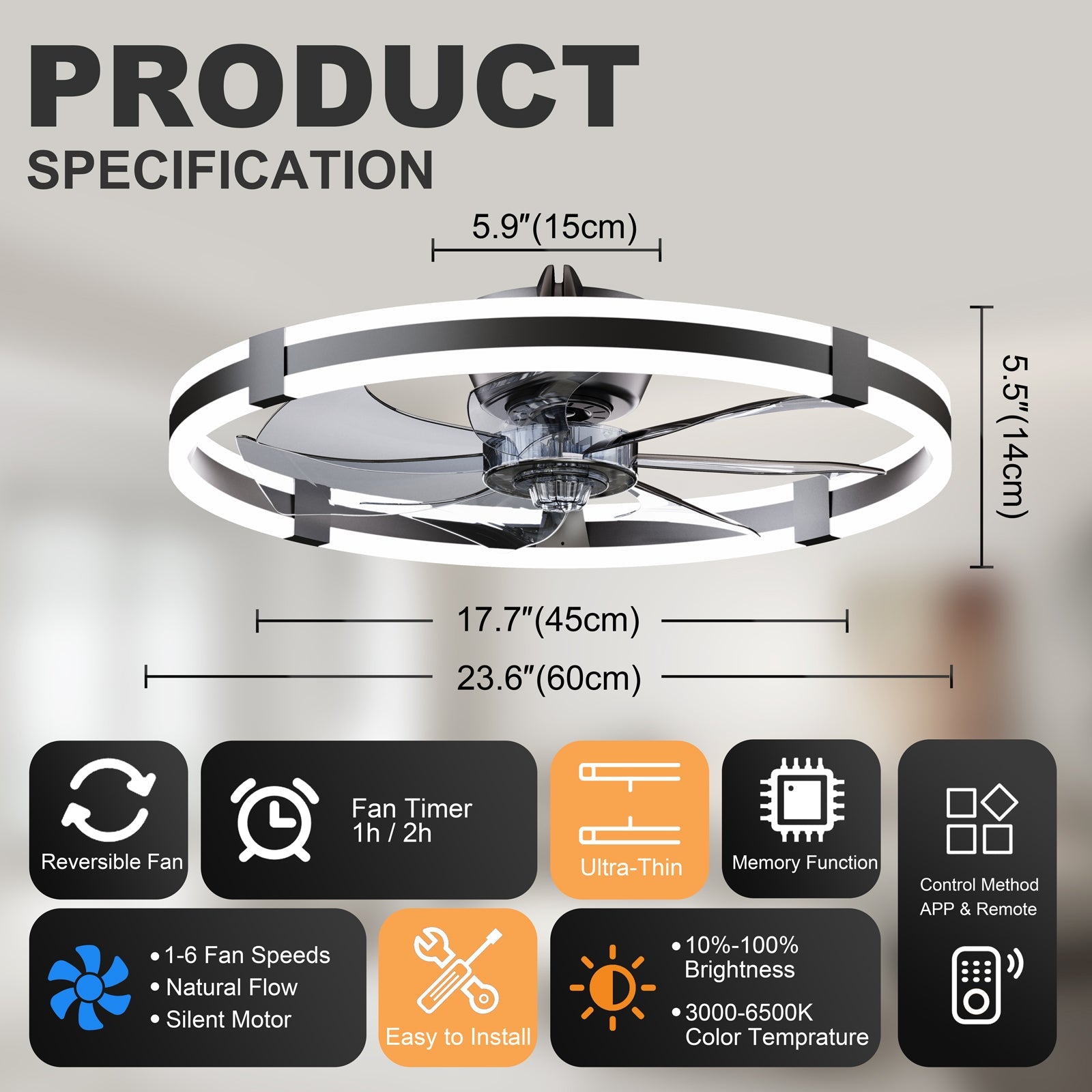 23.6'' LED Ceiling Fan Light Remote DC Motor
