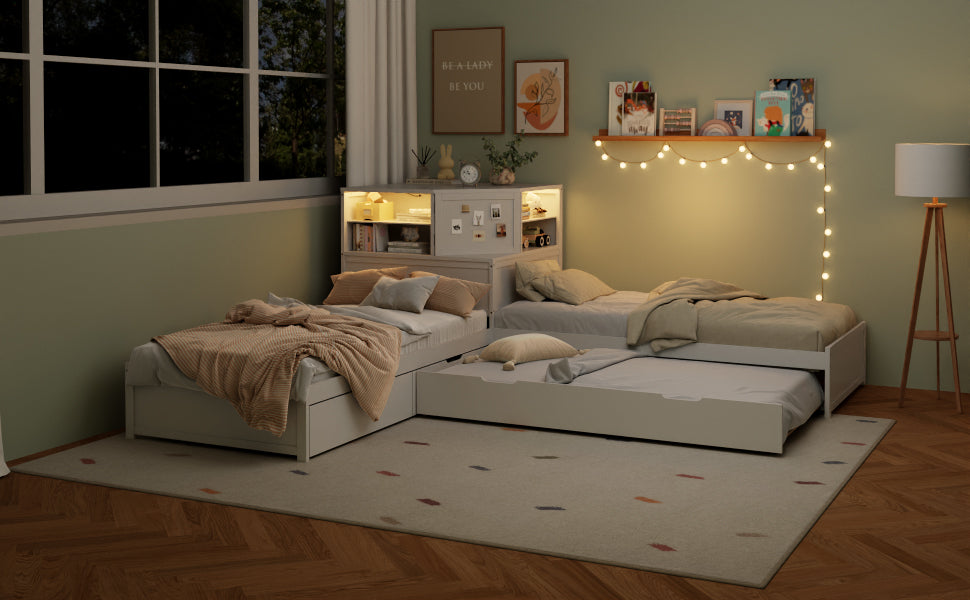 L-Shaped Combination Twin Bed Frame with Trundle and Drawer