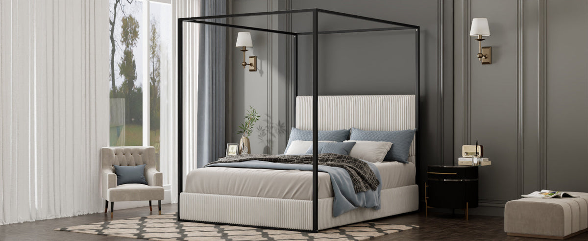 Modern Luxury Metal Canopy Bed with Tall Upholstered Headboard