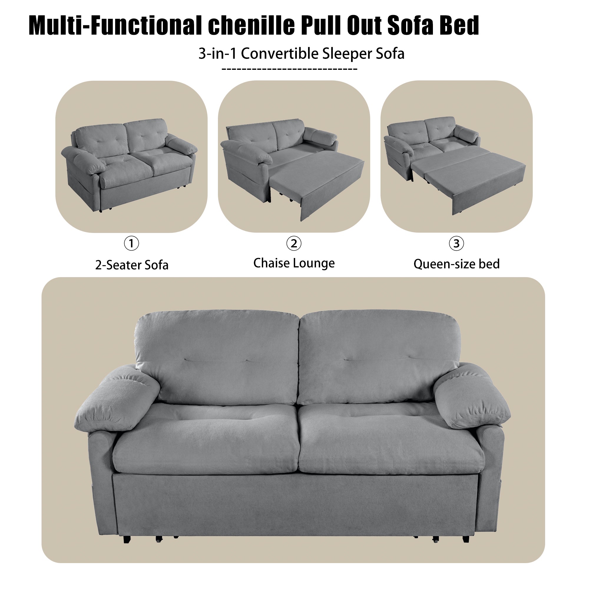 Convertible Pull-Out Queen Sleeper Sofa, 3-in-1 Design